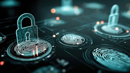 Fototapete - Holographic Padlock and Fingerprint Icon Augment Security in a Cybersecure Digital Environment