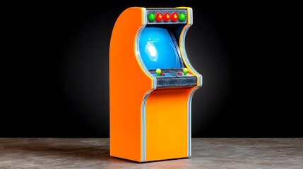 A vintage orange arcade cabinet with a blue screen displaying a video game, set against a black background