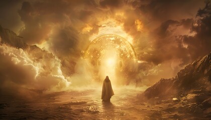 Leinwandbilder - Reverse silhouette shot of a lone warrior walking into a golden portal, dissolving into ethereal light. Cinematic transcendental awakening