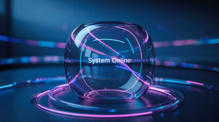 Agentic ai technology concept with glowing neon light rings and transparent sphere showing system online message