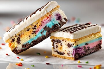 Aufkleber - Ice Cream Sandwich Cut in Half Revealing Colorful Filling and Creamy Texture on a Sunny Day at a Dessert Shop With Sprinkles