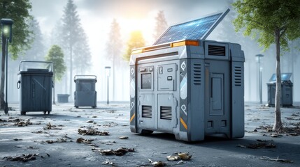 Aufkleber - Solar-powered Garbage Bin in Eco-Futuristic Park Setting With Clean Energy Options and Waste Management Solutions