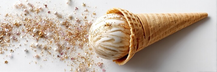 Aufkleber - Gelato Ball in Waffle Cone With Sparkles Presented on White Background
