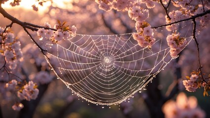 Spiderweb with Water Droplets on Tree Branch