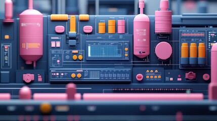 Colorful abstract representation of a futuristic control panel with various gauges and buttons