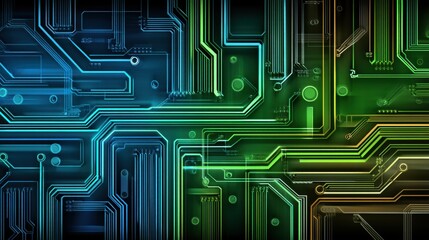 Aufkleber - Exploring a Minimal Computer Circuit Board Design Featuring Blue and Green Neon Colors in a Flat View From a Top-Down Perspective