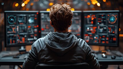 Man monitoring multiple screens displaying data.