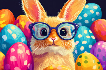  Cute rabbit wearing glasses surrounded by colorful Easter eggs in a vibrant setting