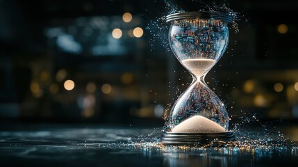Poster - Conceptual digital hourglass artistic photography on data flow in a modern workspace with illuminated background