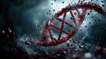 Poster - Dark environment close-up of disintegrating dna helix representing genetic transformation in laboratory