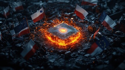 Poster - Glowing ai core surrounded by flags symbolizing unity digital world abstract environment aerial view technology concept