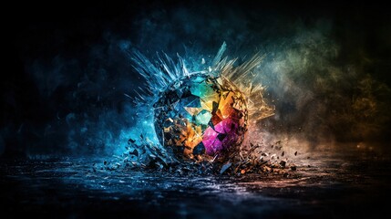 Aufkleber - Destruction unveiled shattered globe fragments global context digital art dark environment conceptual viewpoint