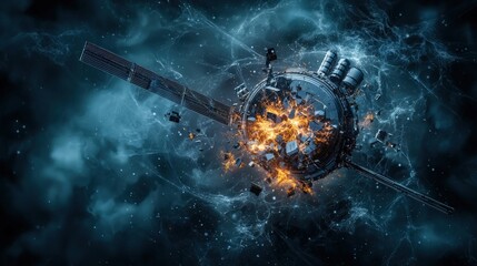 Poster - Destruction of a satellite fragment in space cosmic environment digital art visual concept