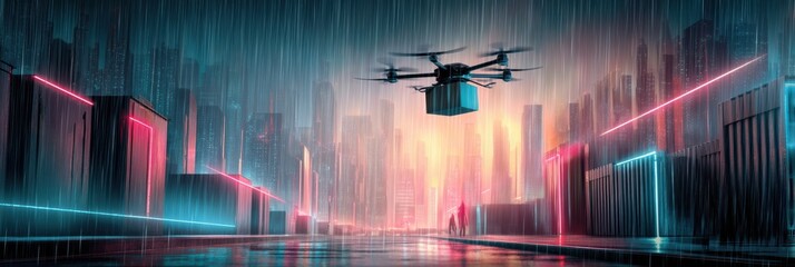 Poster - Futuristic Drone Navigating Neon Grid City to Deliver Package During Rain