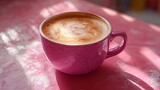 Pink cup of cappuccino with latte art in sunlight