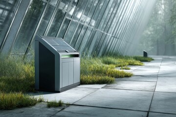 Poster - Garbage Bin With Solar-Powered Compactor in Modern Eco-Friendly Environment Surrounded by Greenery
