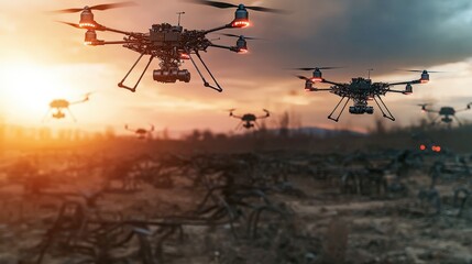 Poster - Ai-controlled drones hovering over a post-apocalyptic landscape futuristic scene industrial zone aerial view