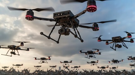 Poster - Ai-controlled drones hovering over industrial landscape futuristic scene aerial view technology concept
