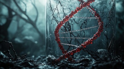 Poster - Dna strands encased in glass enigmatic forest artistry mystical atmosphere macro perspective science adventure