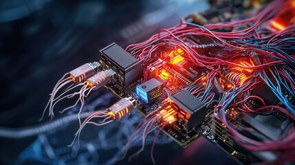 Aufkleber - Tangled wires and glowing devices in a high-tech environment close-up view of modern technology