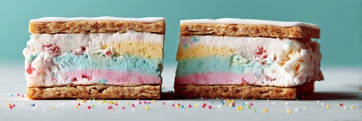 Aufkleber - Delightful Ice Cream Sandwich Cut in Half With Colorful Layers and Sprinkles on a Light Background