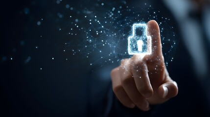 Cyber security and network data protection. businessman touch security padlock. smart solution from cyber attack, innovation technology
