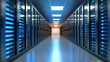 © logitech - Server room corridor with rows of dark metal cabinets lit by blue lights, reflecting on the floor