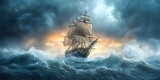 Intrepid pirate ship battling against a ferocious storm with dark clouds and high waves in the ocean