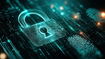 Fototapete - Holographic Padlock and Fingerprint Represent Cybersecurity in a High-Tech Digital Environment