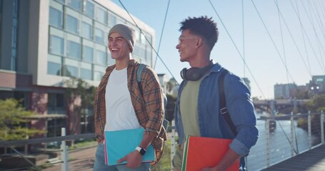 Poster - Happy, students and walking in university campus for education, studying and conversation outdoor. Bridge, friends or bonding with laughing at college, communication or share knowledge for literature