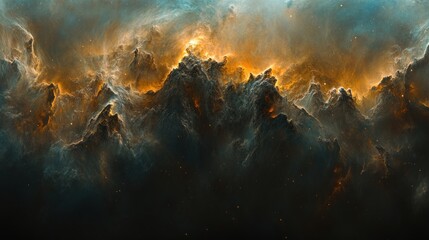 Cosmic landscape of nebulae, glowing with fiery hues.  Vast expanse of space, filled with swirling clouds of gas and dust, illuminated by celestial energy