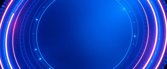 Wall Mural - abstract blue futuristic backdrop; glowing concentric rings within a circular frame, ample copy spac