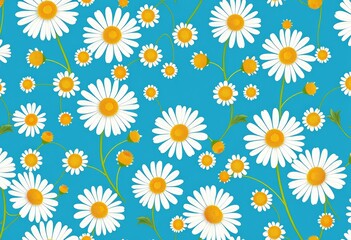 Wall Mural - abstract camomile floral pattern, seamless repeat on blue background, art, image