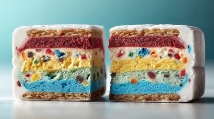 Aufkleber - Colorful Ice Cream Sandwich With Vibrant Filling Cut in Half on a Light Background