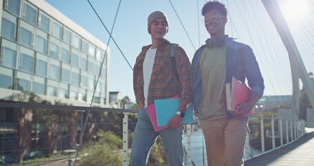 Poster - University, smile and people with books at campus for education, knowledge or travel to class together. Bridge, friends and student by building for learning, scholarship or morning commute to academy