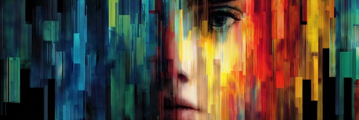 Fototapete - Glitch Art Creation Depicting an AI Face With Fragmented Colors and Abstract Patterns in a Digital Landscape
