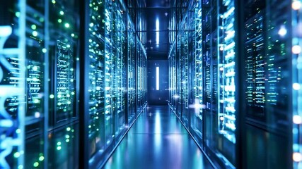 Digital information flows through the network and data servers behind glass panels in the server room of data center or Internet service provider