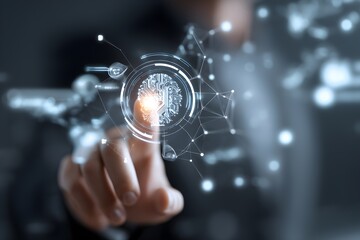 Business man using Artificial Intelligence (AI) in the futuristic business and coding software development on interface network connection. Digital data technology design for computer brain.