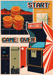 Wall Mural - abstract poster 1980s style. arcade machine, video games, coins, start and game over text