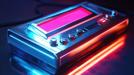 A silver electronic device with a red screen