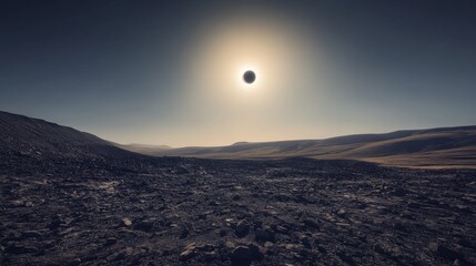 Wall Mural - a breathtaking view of a solar eclipse over a desolate landscape. the dark moon obscures the sun, cr