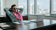 © TDK - The office worker in the  sunglasses anf tropical floral garland ready for the vacations