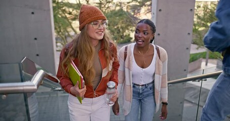 Poster - University, friends and women on stairs walking to class, lesson and morning lecture at college. Academy, school and people talking, chatting and in conversation for learning, education and studying