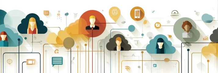 Aufkleber - Connected Users and Cloud Icons Represent Digital Networking and Collaboration in a Modern, Flat Style Design Depicting Online Interactions