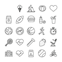 Sport and Fitness Line Icon Set – 24 Editable Stroke Vector Illustrations Featuring Gym, Health Care, Training, and Healthy Lifestyle Symbols