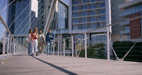 Poster - College, students and people walking at campus for knowledge, education and travel to class together. Bridge, conversation and friends by buildings for scholarship, learning and commute to academy