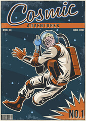 Wall Mural - retro fantastic comic book cover style illustration, astronaut in outer space with laser gun, retro 