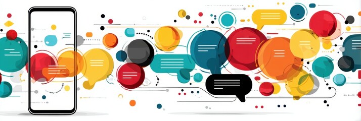 Fototapete - Smartphone Displaying Colorful Chat Interface With Message Bubbles During Online Conversation