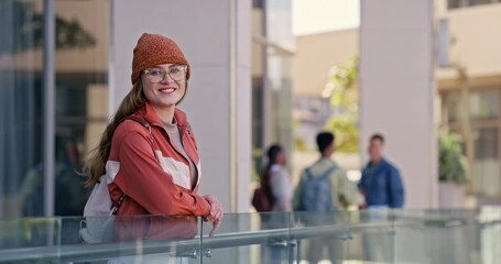 Poster - Face, university and student with girl, campus and higher education with knowledge, smile or learning. Portrait, outdoor or person with glasses, break or happiness with pride, academic or scholarship