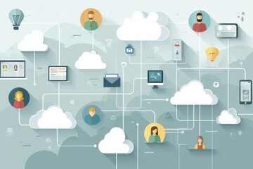 Aufkleber - Connected Network of Users and Cloud Icons Showcasing Modern Digital Interactions and Communication Methods in a Flat Design Style
